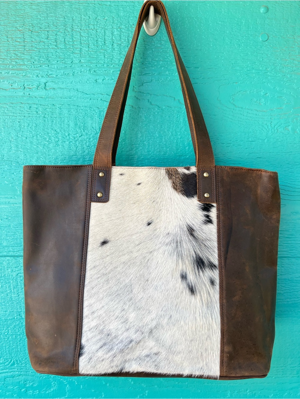 MYRA DISTRESSED BROWN LEATHER TOTE BAG WITH COW HAIR PANEL LARGE